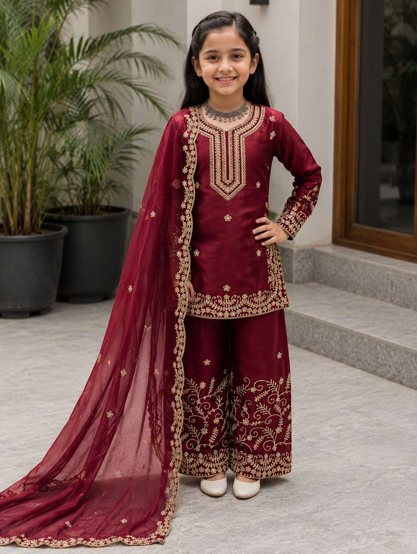 girls embroidered long sleeves kurta and sharara set