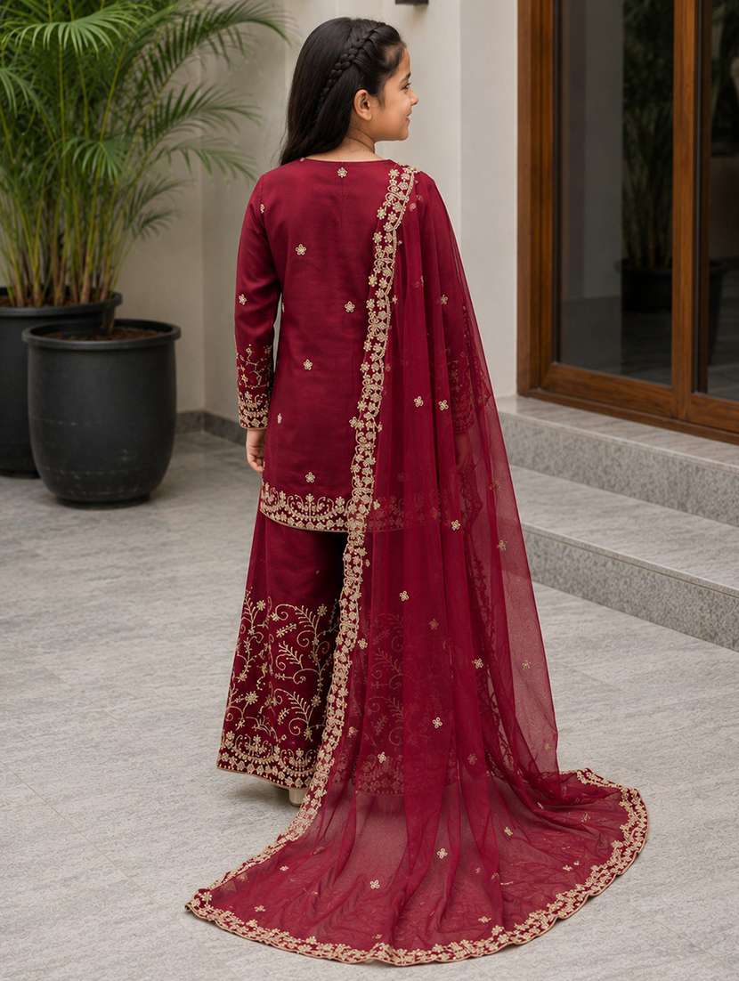 girls embroidered long sleeves kurta and sharara set - 22527088 -  Standard Image - 2