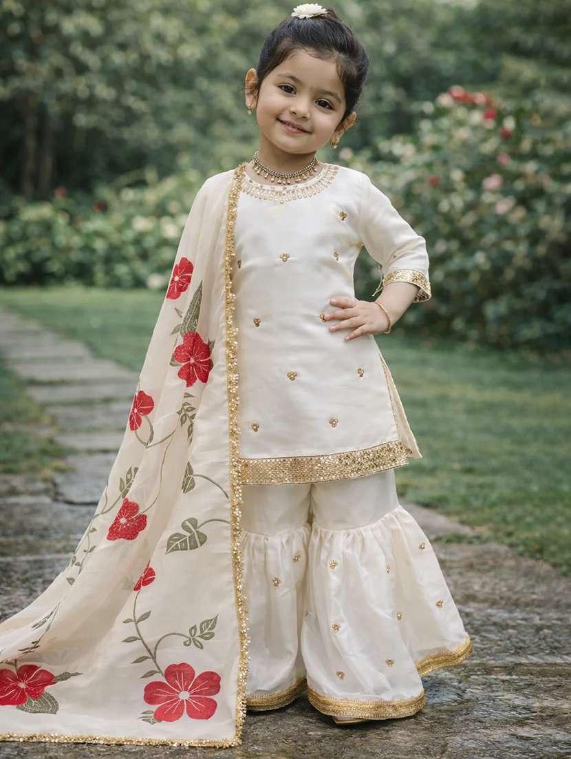 girls embroidered three quarter sleeves kurta sharara set with dupatta