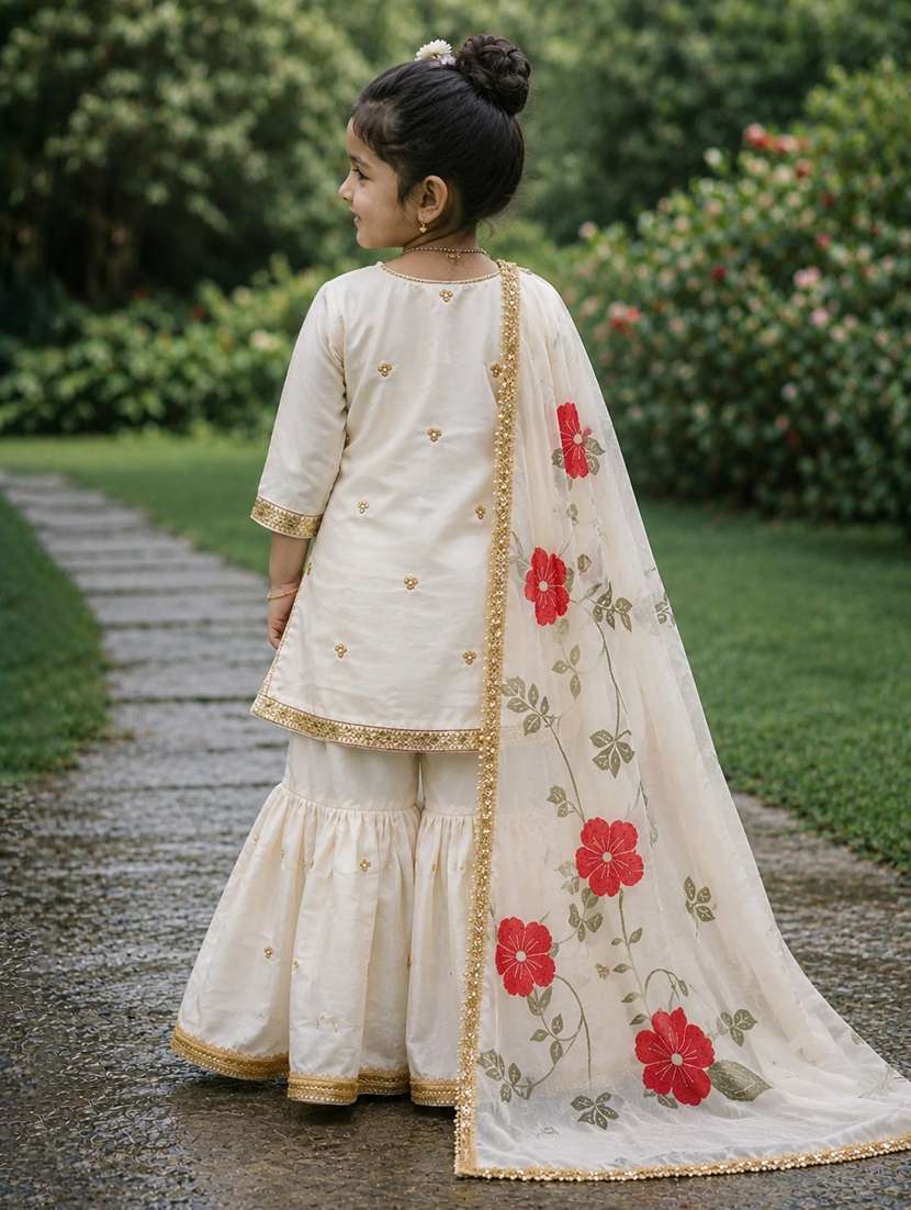 girls embroidered three quarter sleeves kurta sharara set with dupatta - 22527097 -  Standard Image - 2