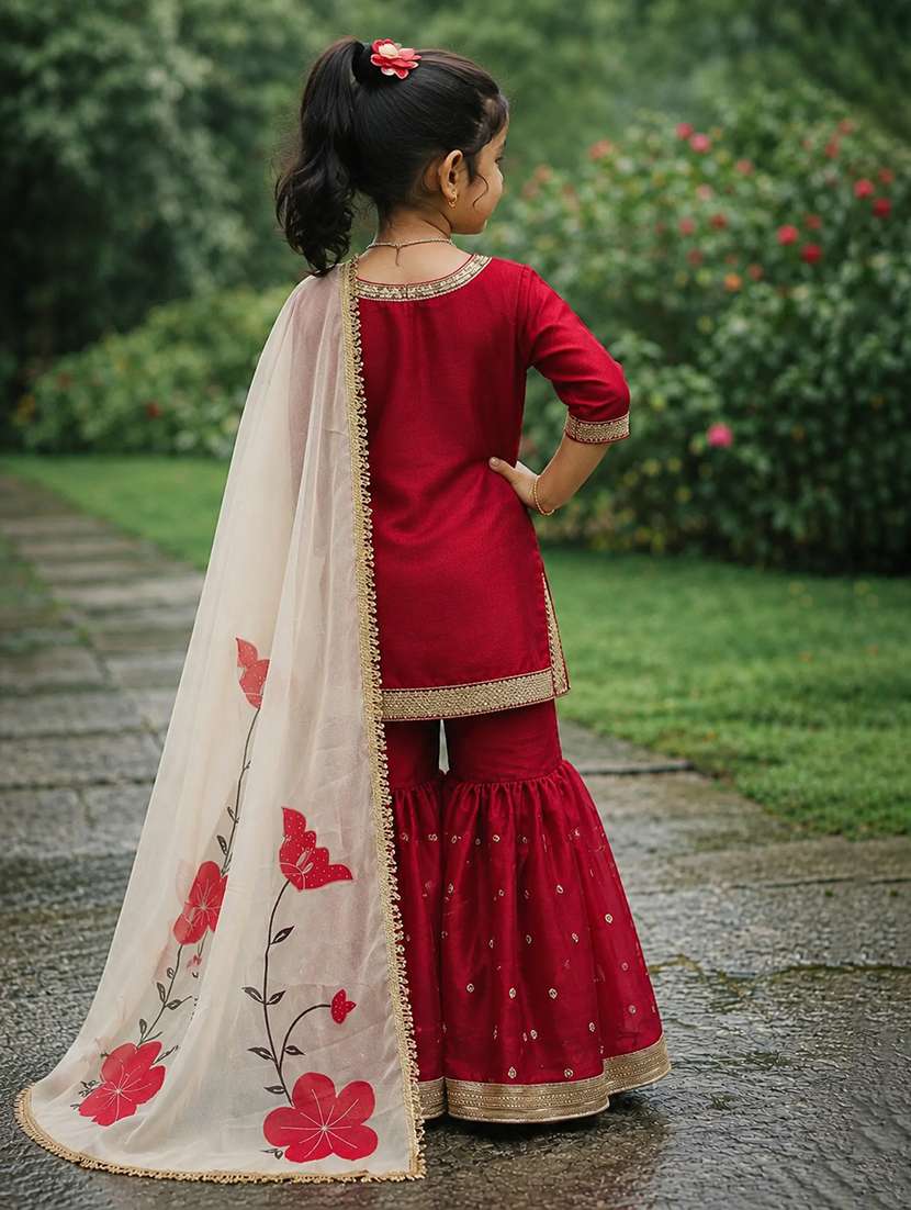 girls printed three quarter sleeves kurta sharara set with dupatta - 22527098 -  Standard Image - 2