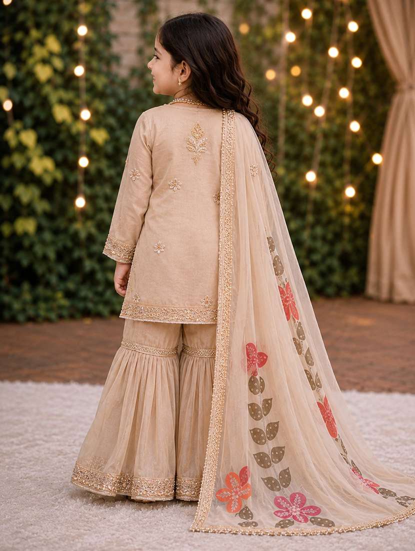 girls printed three quarter sleeves kurta sharara set with dupatta - 22527100 -  Standard Image - 2
