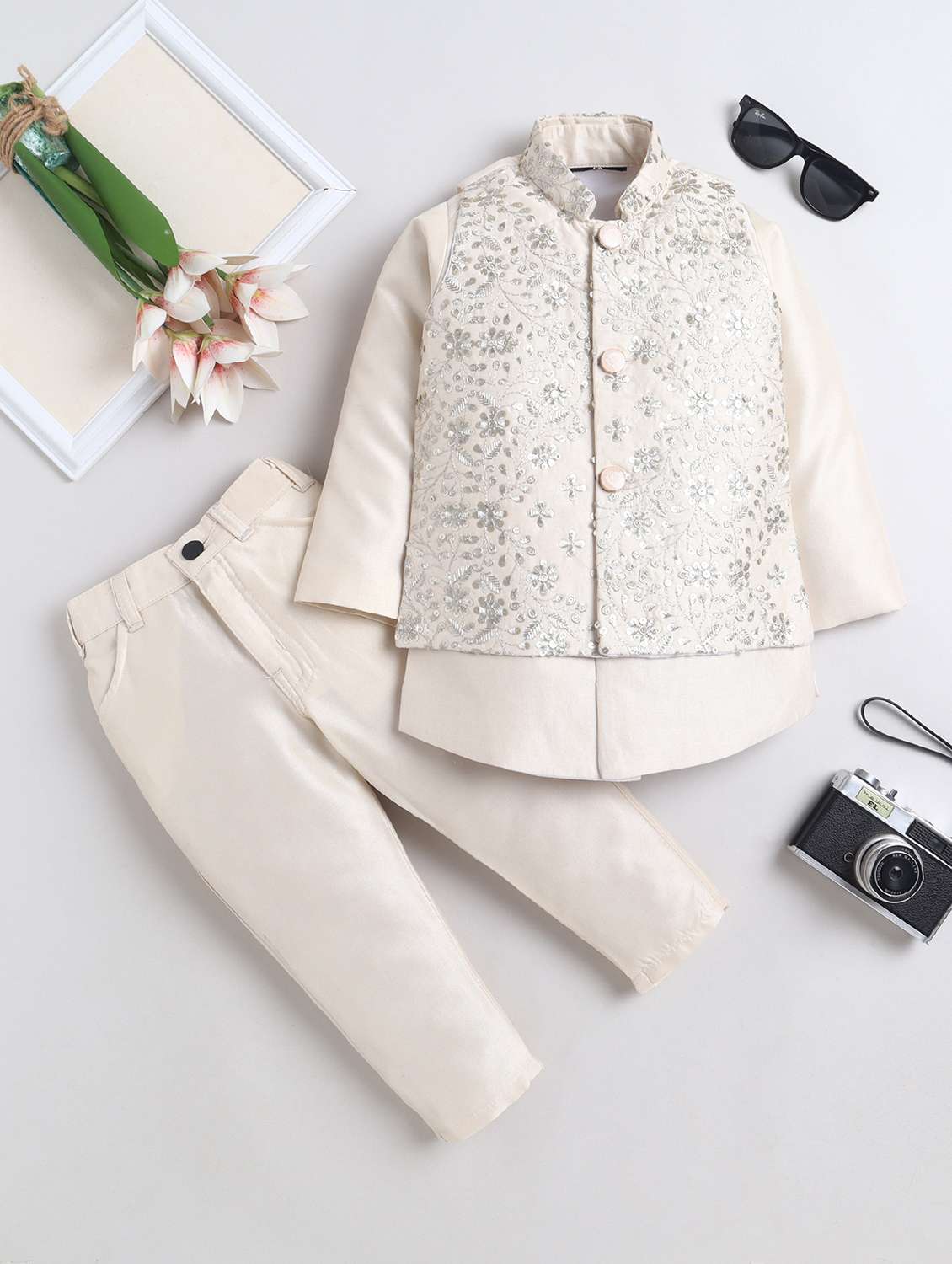 beige polyester sherwani kurtas & kurta set