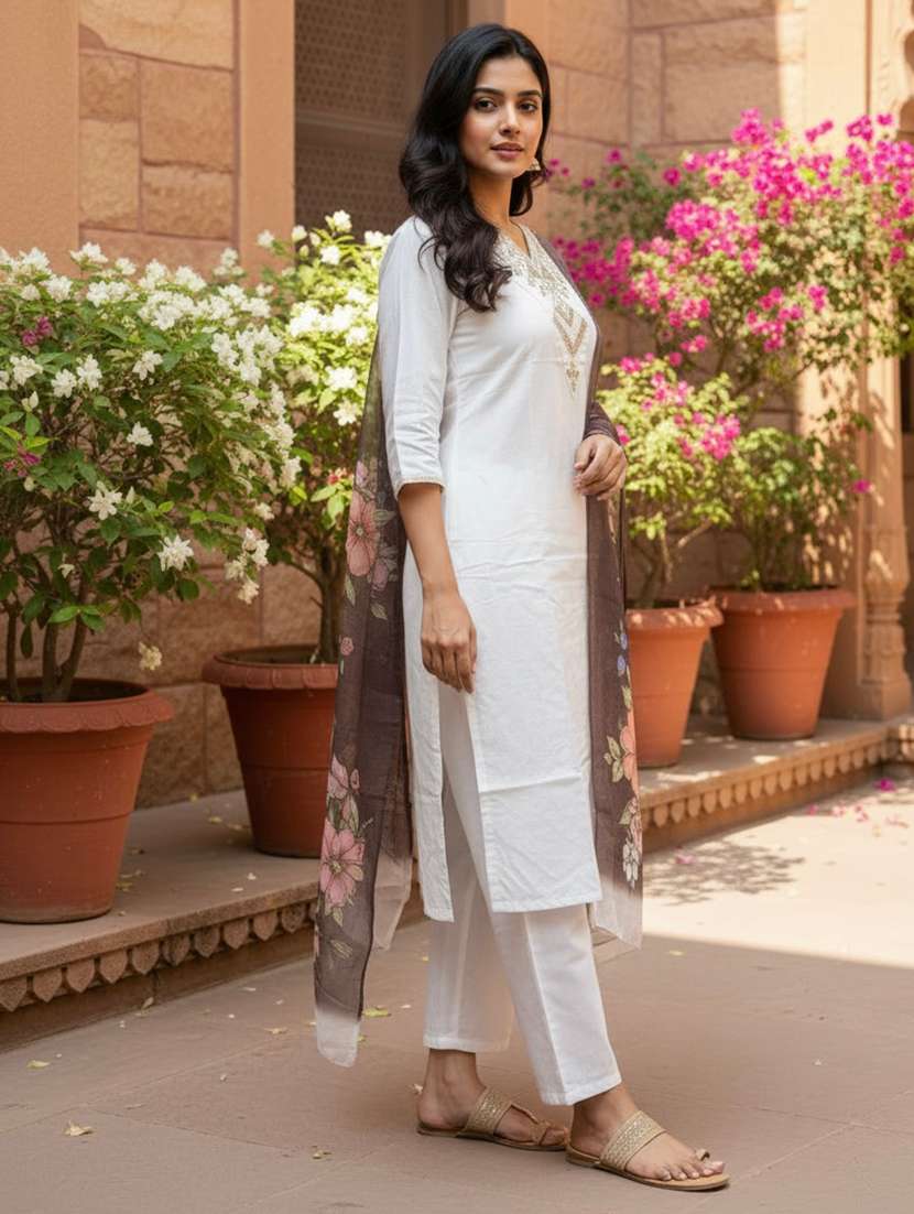 women embroidered three quarter sleeve kurta pant with dupatta set - 22527143 -  Standard Image - 2