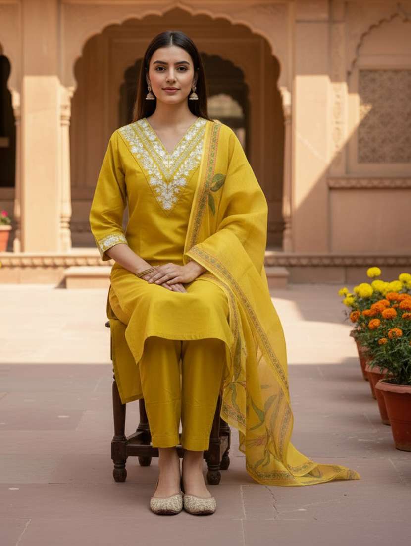 women embroidered three quarter sleeve kurta pant with dupatta set - 22527144 -  Standard Image - 2