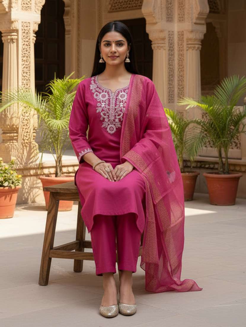 women embroidered three quarter sleeve kurta pant with dupatta set - 22527147 -  Standard Image - 2