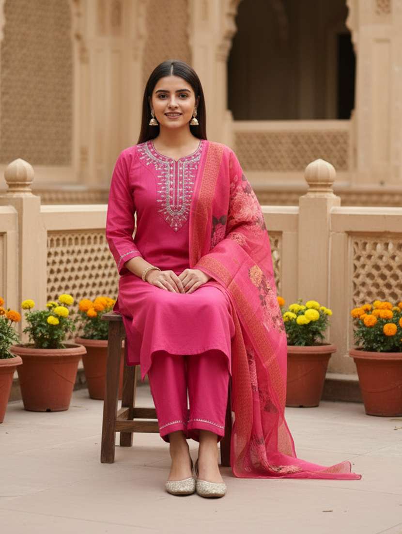 women embroidered three quarter sleeve kurta pant with dupatta set - 22527148 -  Standard Image - 2