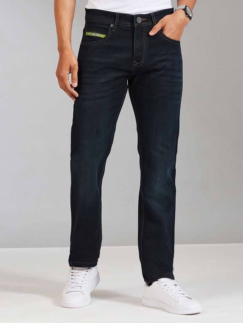 men washed mid rise full length straight jeans