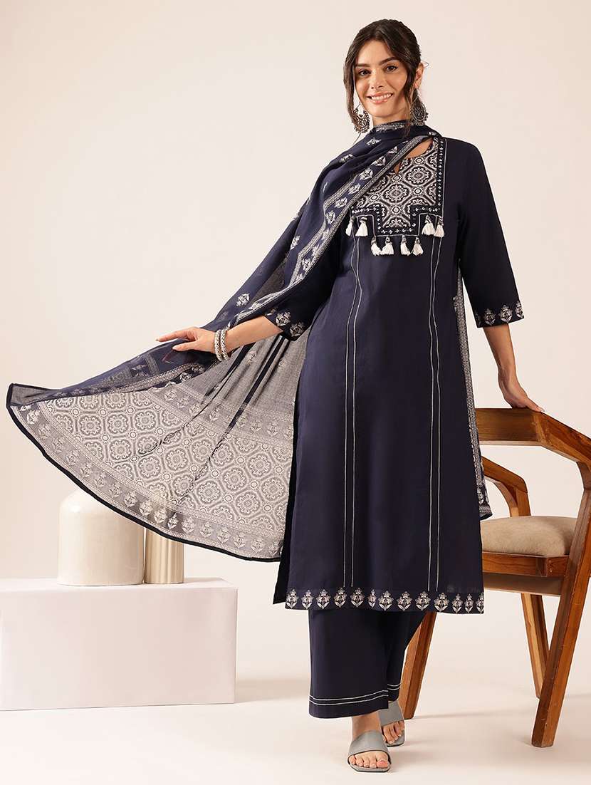 women embroidered three quarter sleeve kurta palazzo with dupatta set