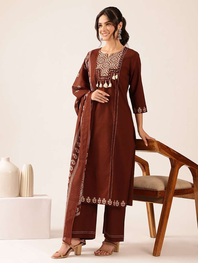 women embroidered three quarter sleeve kurta palazzo with dupatta set