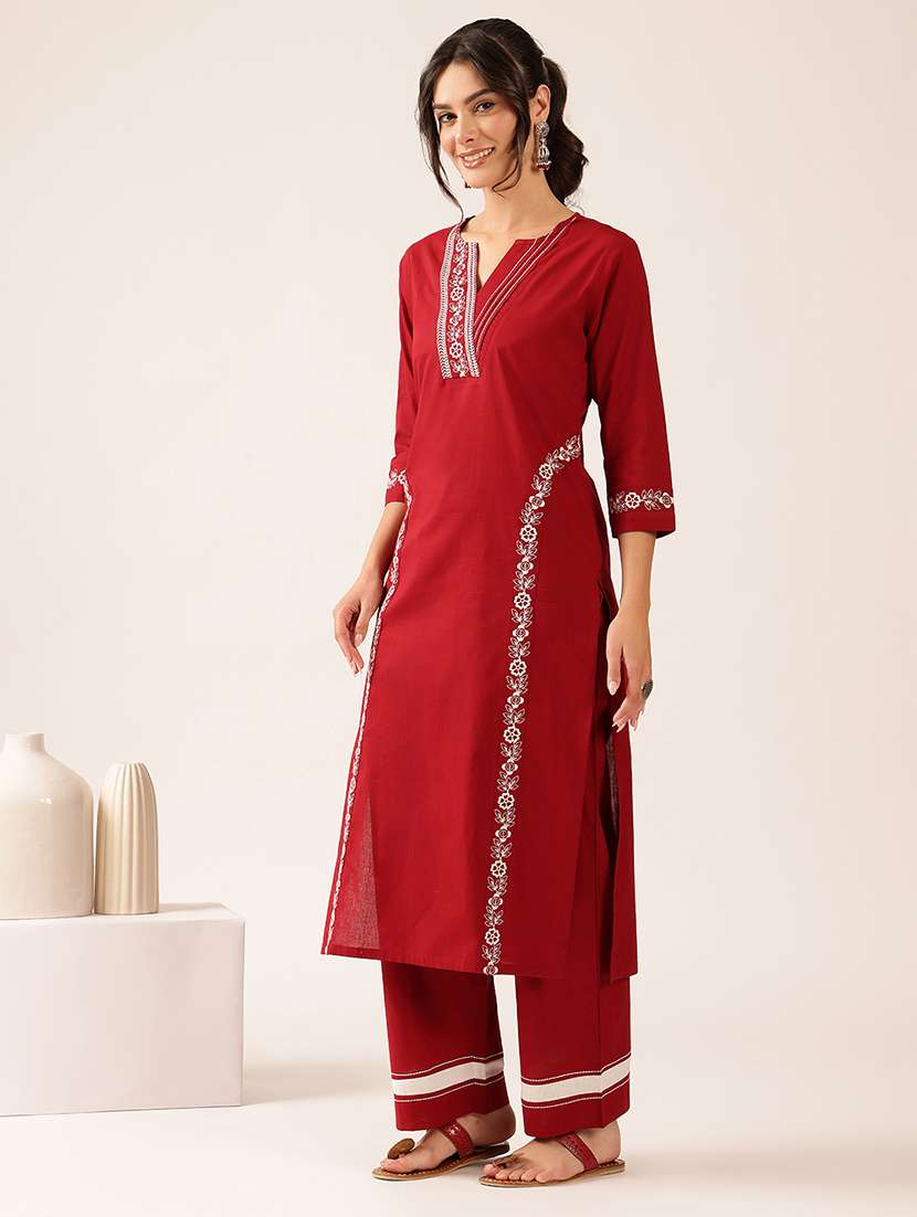 women embroidered three quarter sleeve kurta pant set - 22527349 -  Standard Image - 2