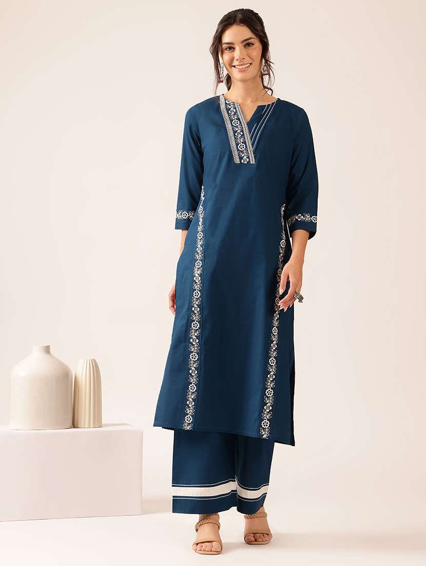 women embroidered three quarter sleeve kurta pant set - 22527350 -  Standard Image - 2