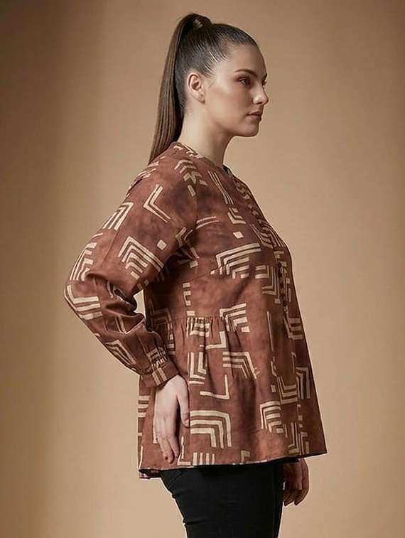 women printed mandarin neck a-line top - 22527561 -  Standard Image - 2