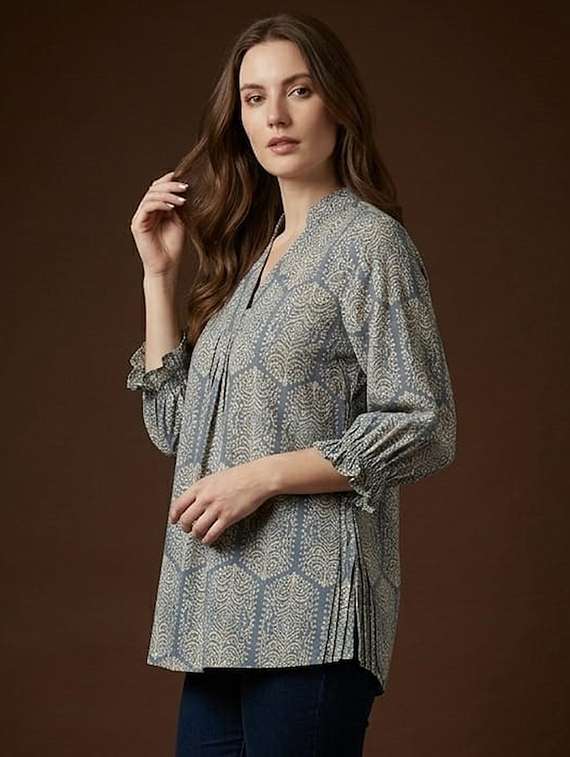 women printed mandarin neck a-line top - 22527563 -  Standard Image - 2