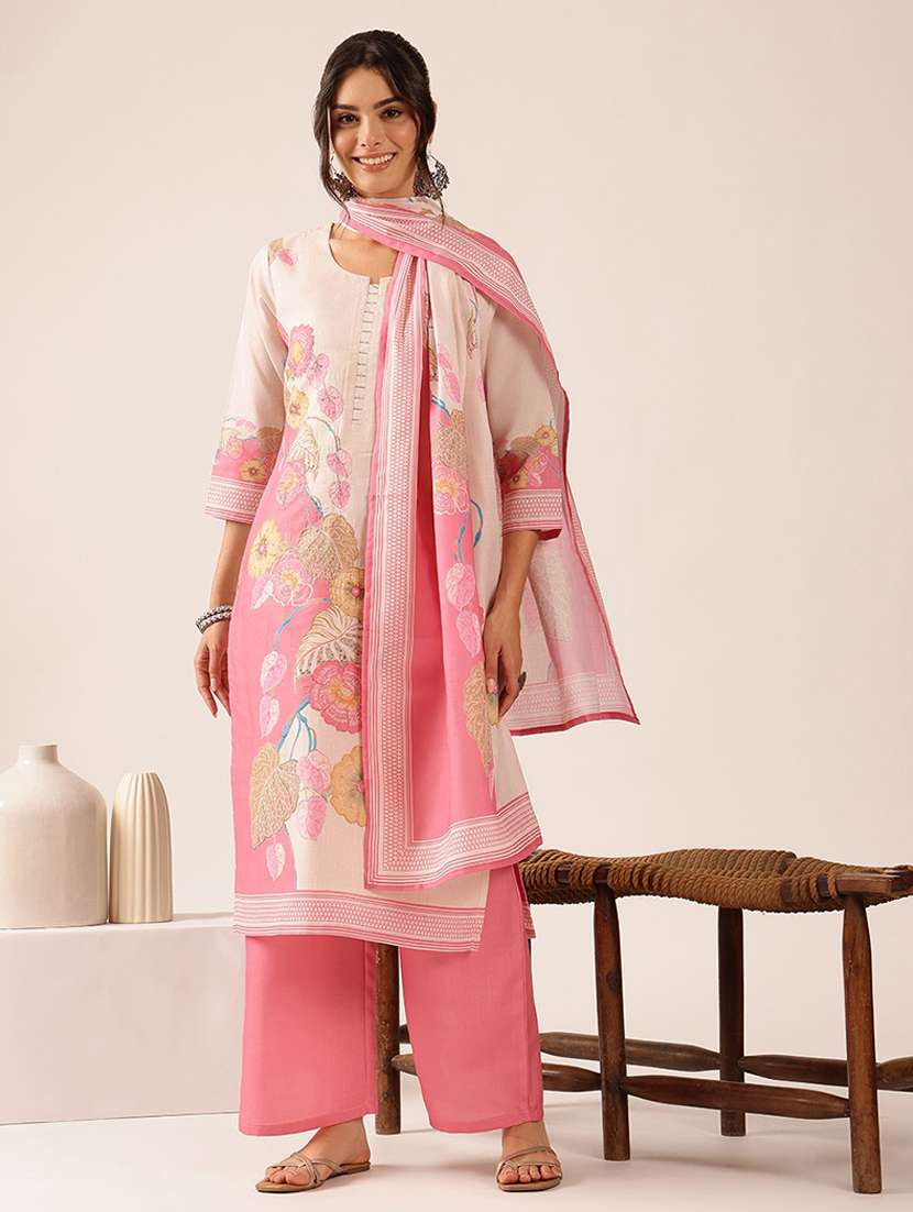 women floral three quarter sleeve kurta palazzo with dupatta set