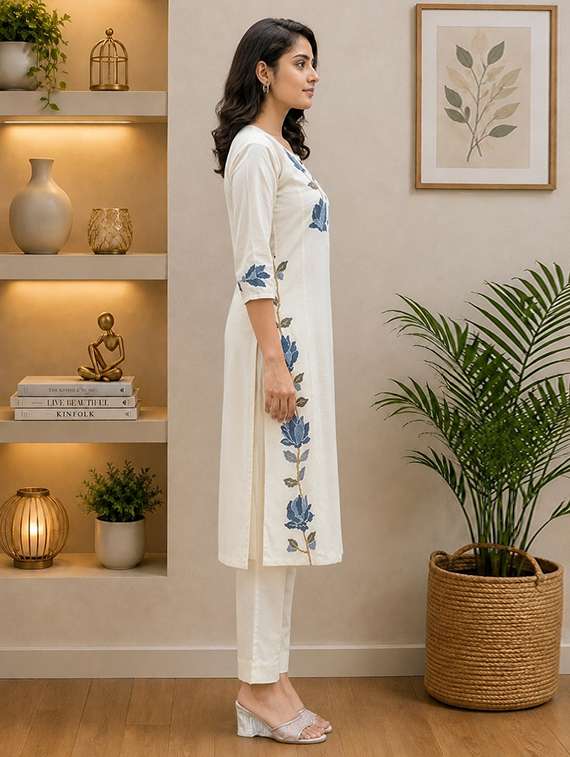 women embroidered three quarter sleeves kurta pant set - 22527713 -  Standard Image - 2