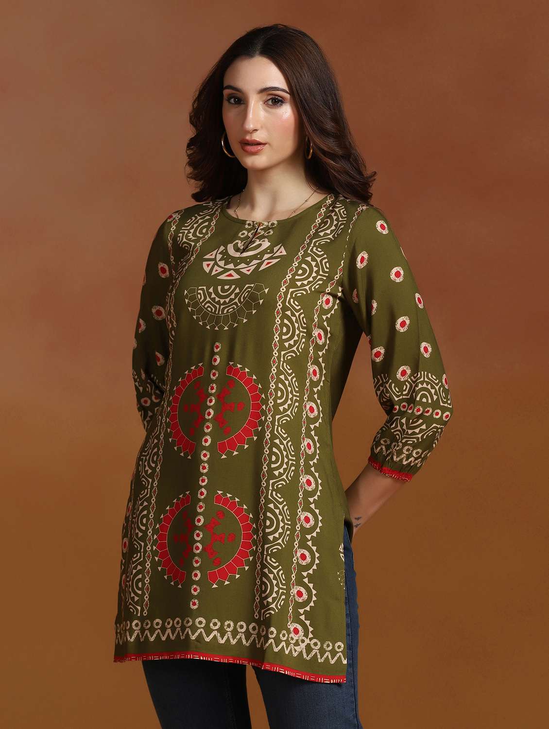 women printed three quarter sleeve straight kurti - 22527725 -  Standard Image - 2