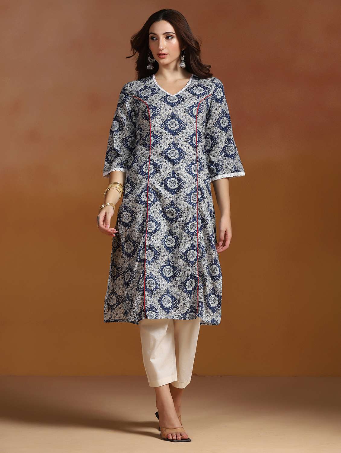 women printed three quarter sleeves straight kurta - 22527726 -  Standard Image - 2