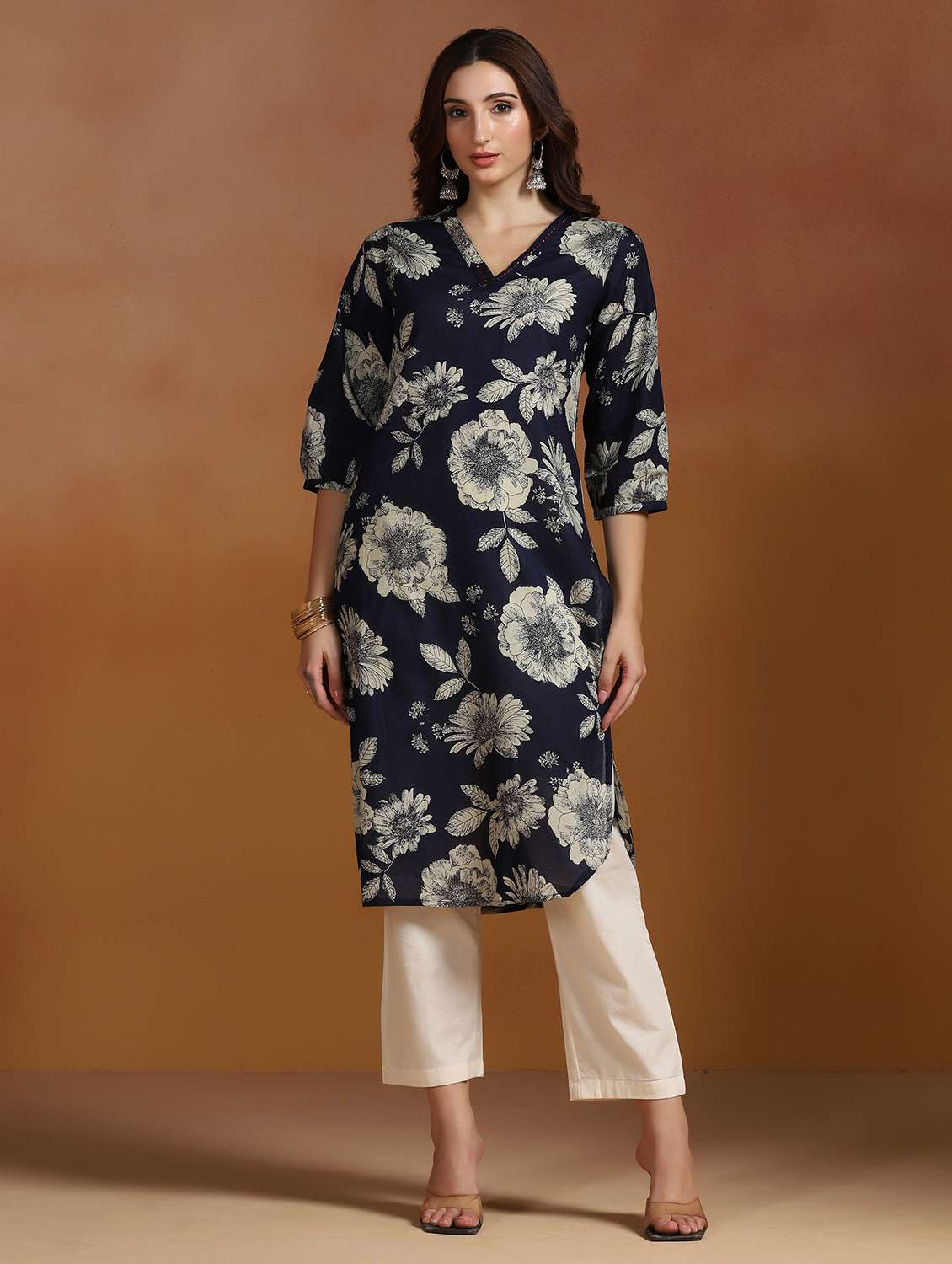 women printed three quarter sleeves straight kurta - 22527727 -  Standard Image - 2