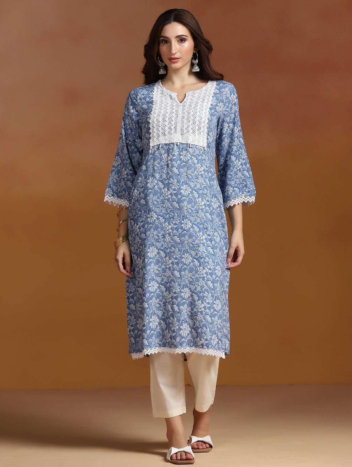 women printed three quarter sleeves straight kurta - 22527728 -  Standard Image - 2