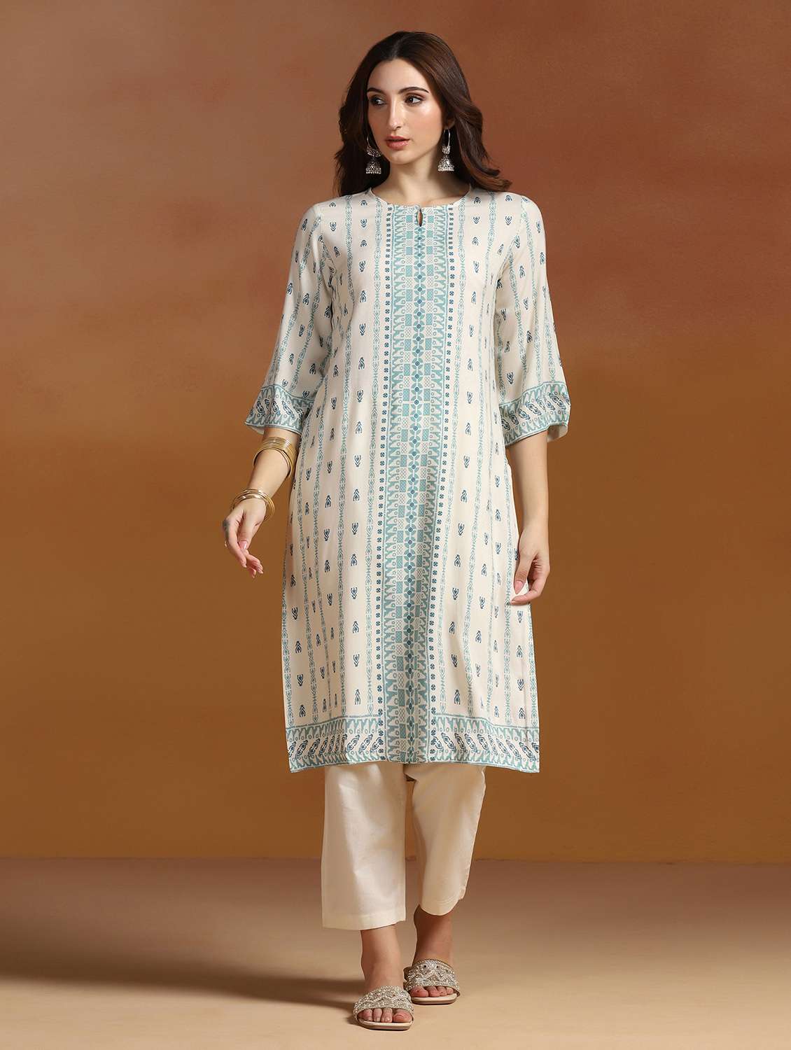 women printed three quarter sleeves straight kurta - 22527729 -  Standard Image - 2