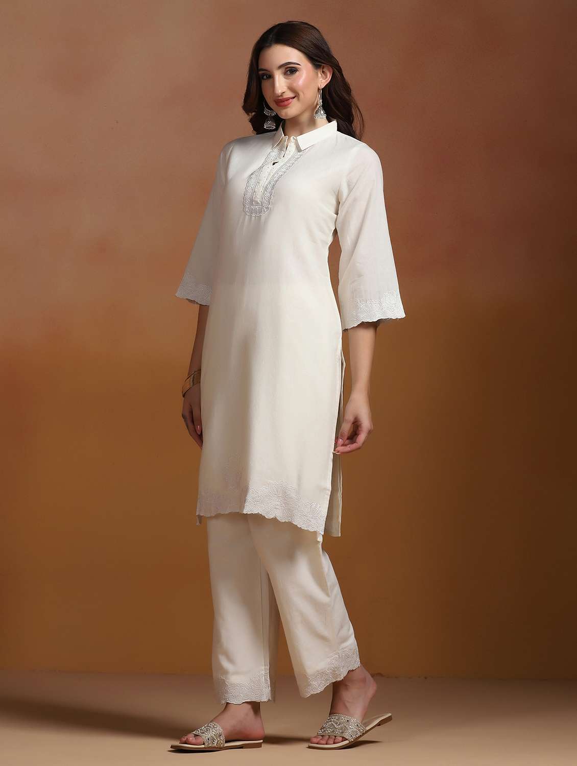 women embroidered three quarter sleeves kurta and pant set - 22527744 -  Standard Image - 2