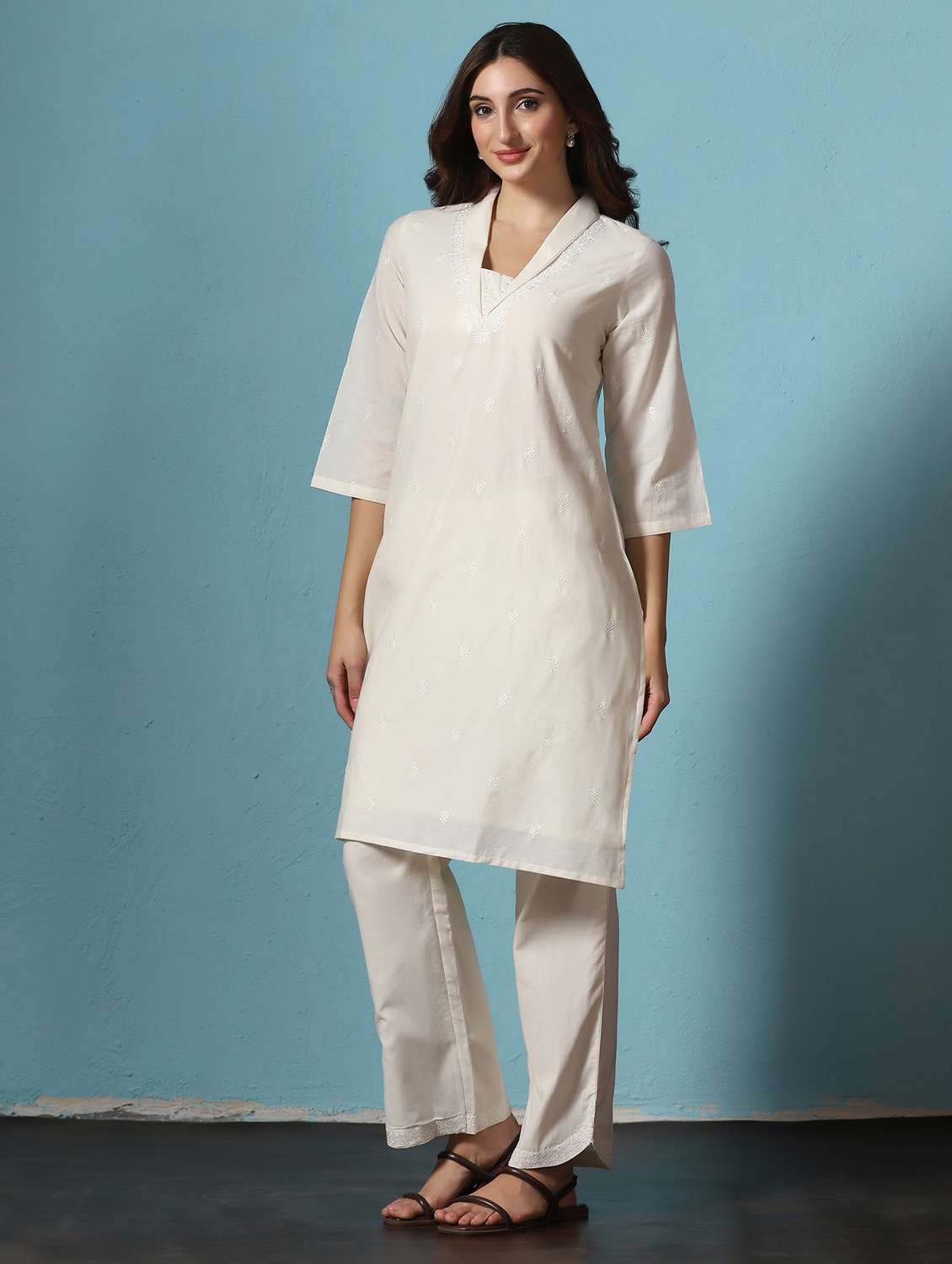 women embroidered three quarter sleeves kurta and pant set - 22527746 -  Standard Image - 2