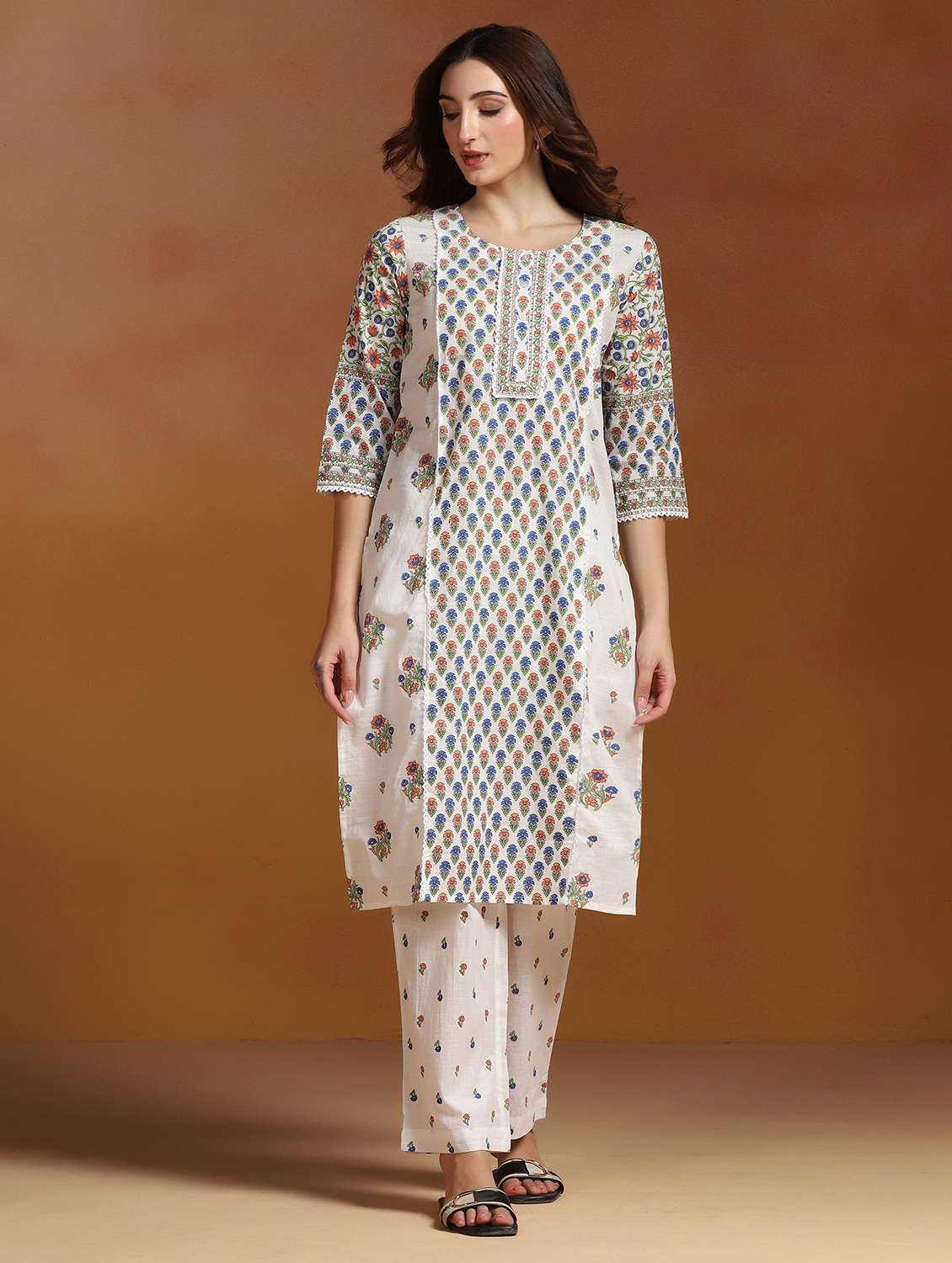 women printed three quarter sleeves kurta and pant set - 22527750 -  Standard Image - 2