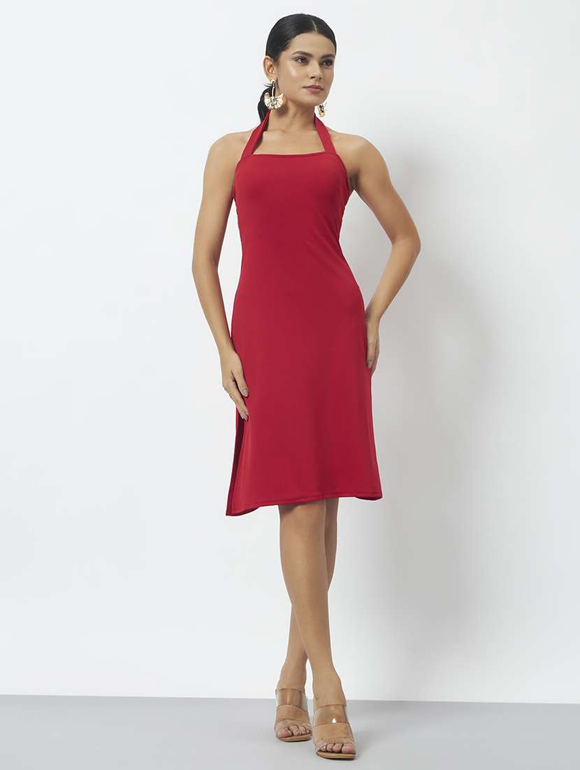 women solid halter neck a-line dress - 22527758 -  Standard Image - 2