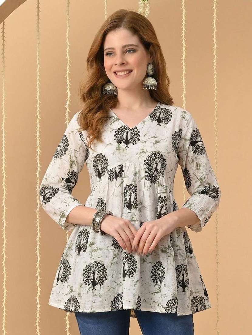 women printed three quarter sleeves a-line kurti