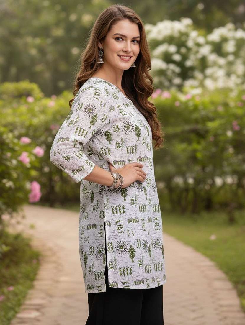 Women Printed Three Quarter Sleeve Straight Kurti - 22527776 -  Standard Image - 2