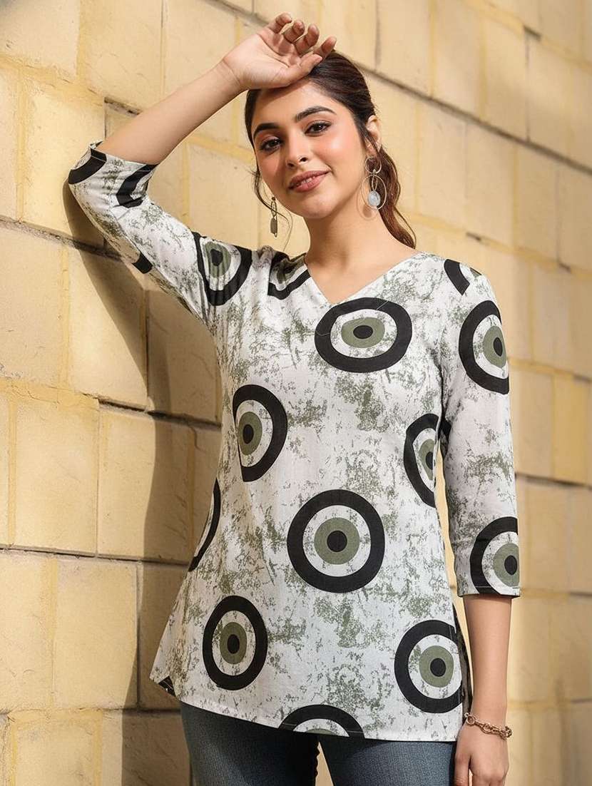 women printed three quarter sleeve straight kurti