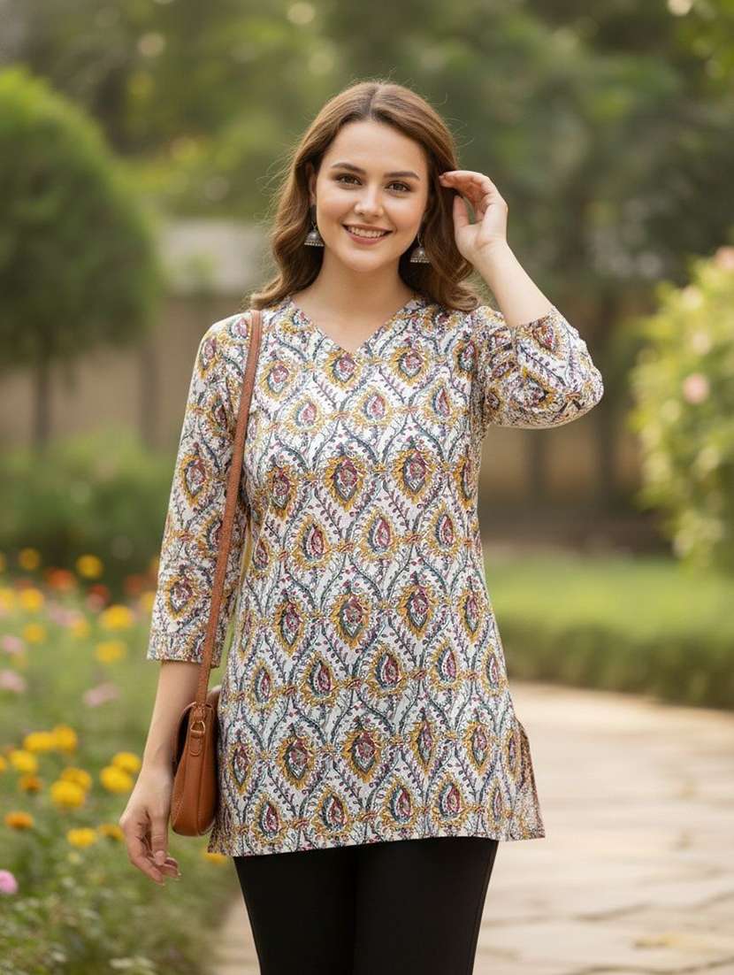 women printed three quarter sleeve straight kurti - 22527789 -  Standard Image - 2
