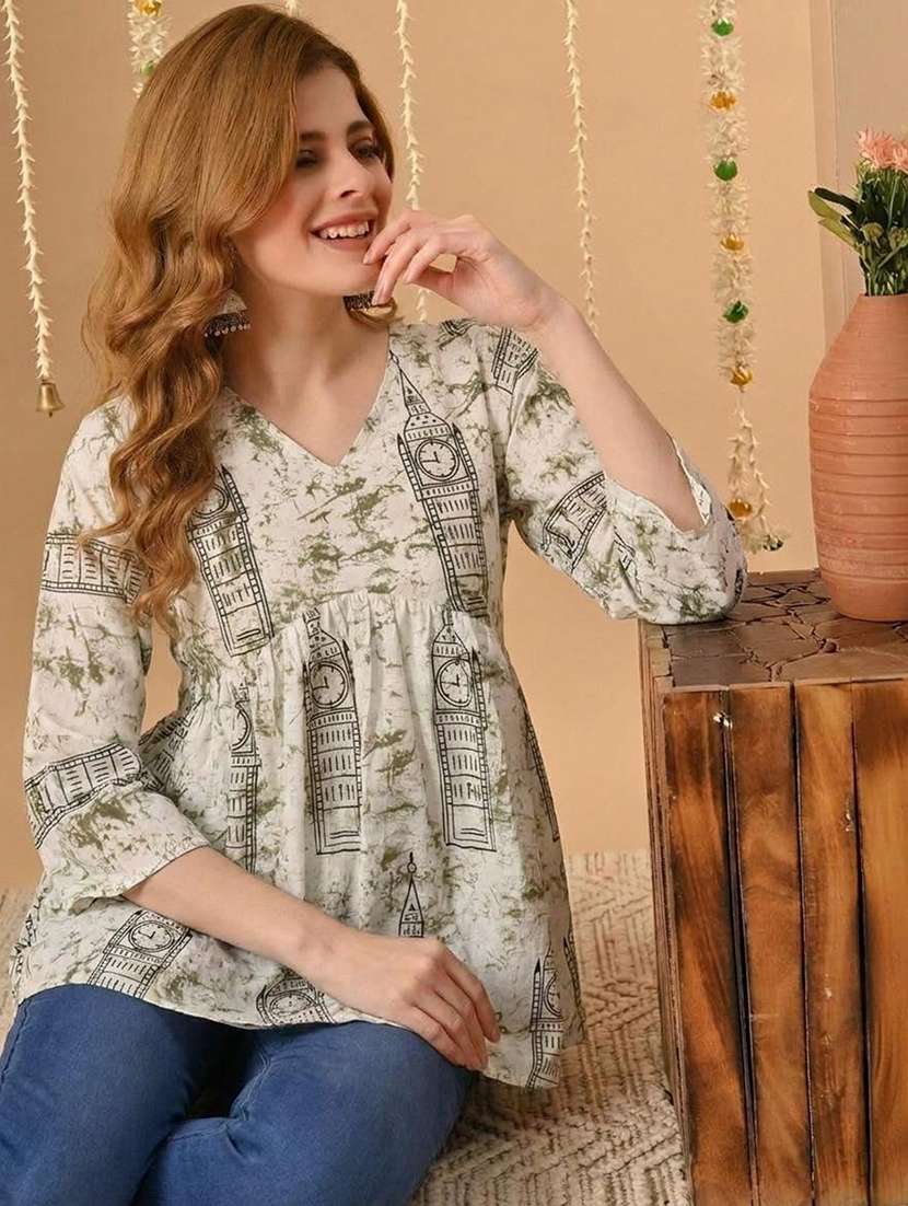 Women Printed Three Quarter Sleeve Straight Kurti - 22527860 -  Standard Image - 2