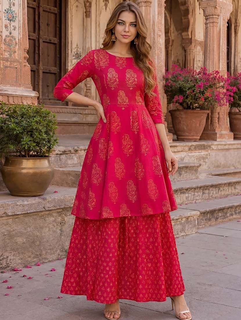 women foil printed three quarter sleeve kurta palazzo set - 22527935 -  Standard Image - 2