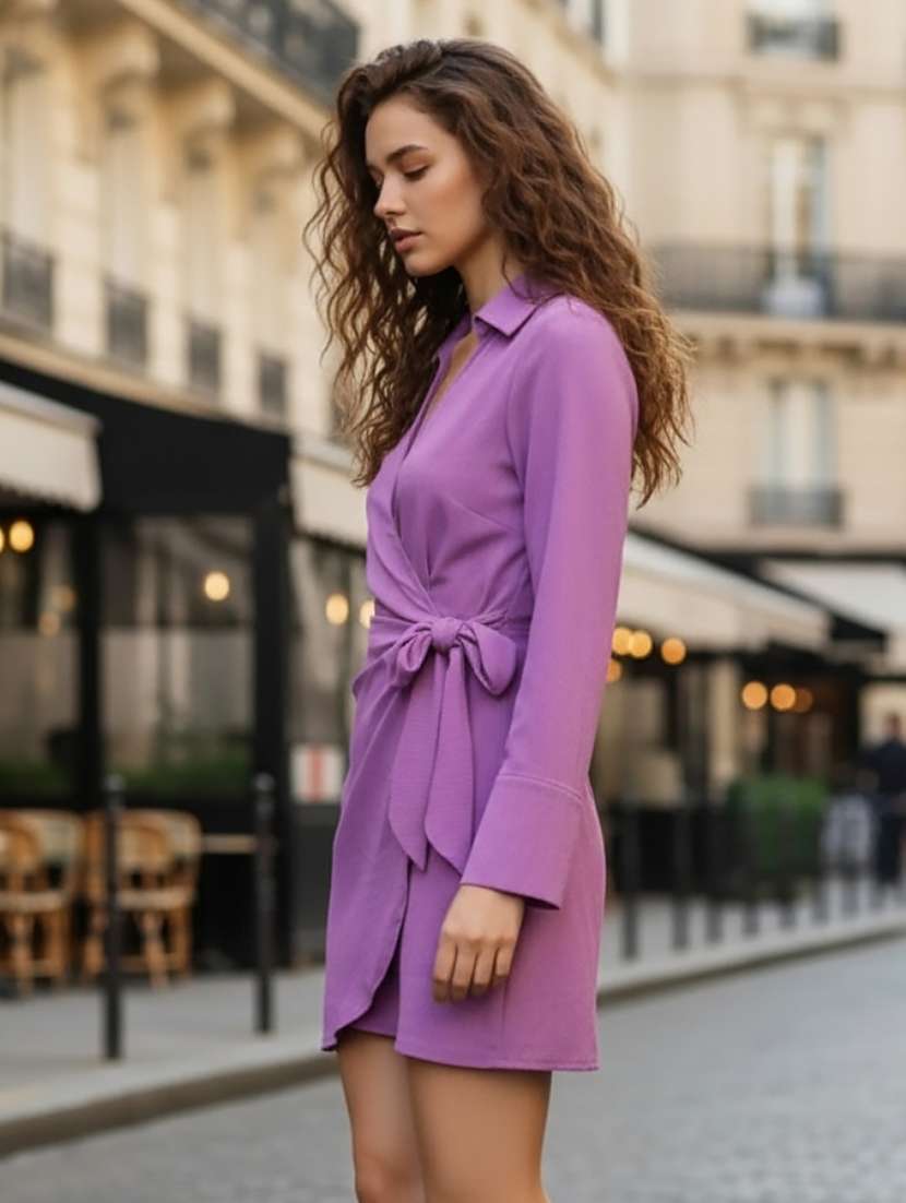 women solid collared wrap dress - 22527940 -  Standard Image - 2