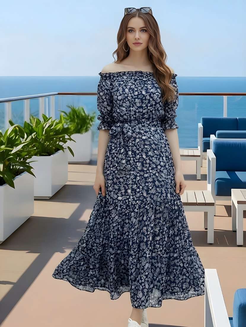 women printed off shoulder tiered dress