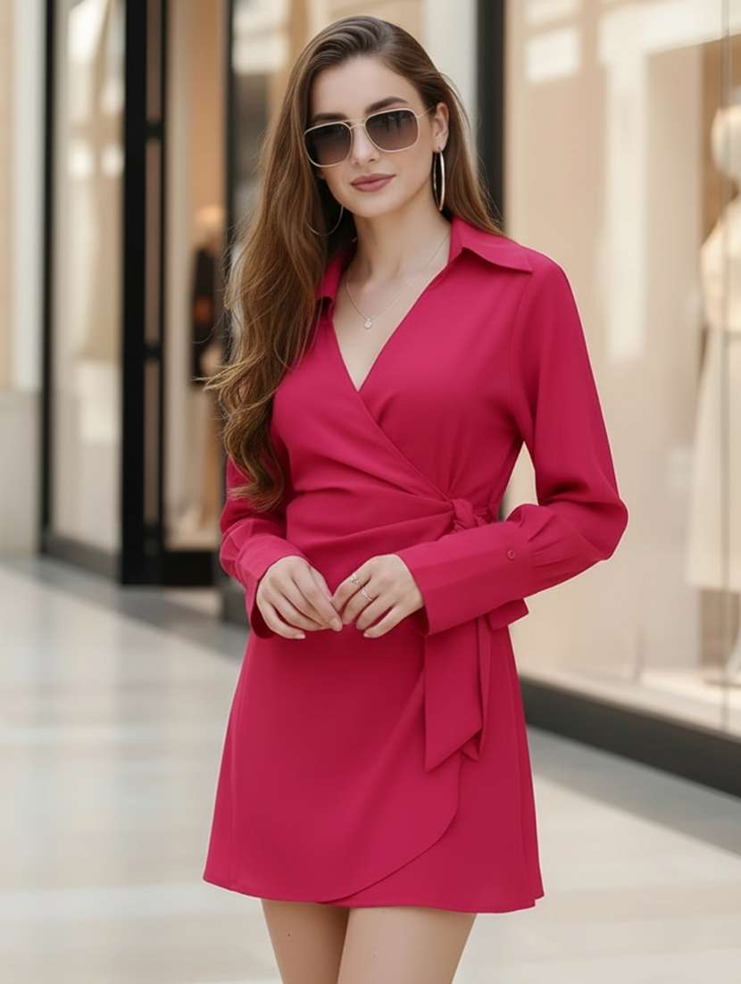women solid collared wrap dress - 22527970 -  Standard Image - 2