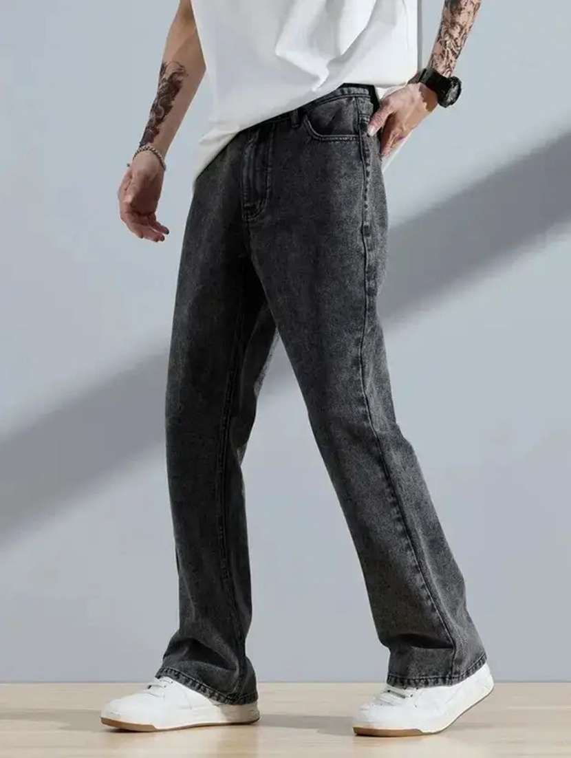 men washed mid rise full length bootcut jeans