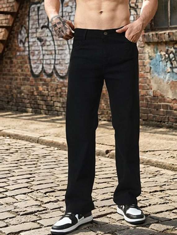 men plain mid rise full length straight jeans