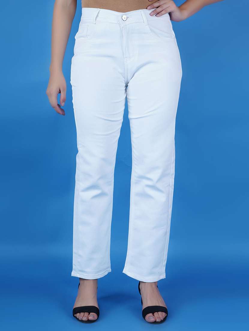 women solid mid rise straight fit jeans