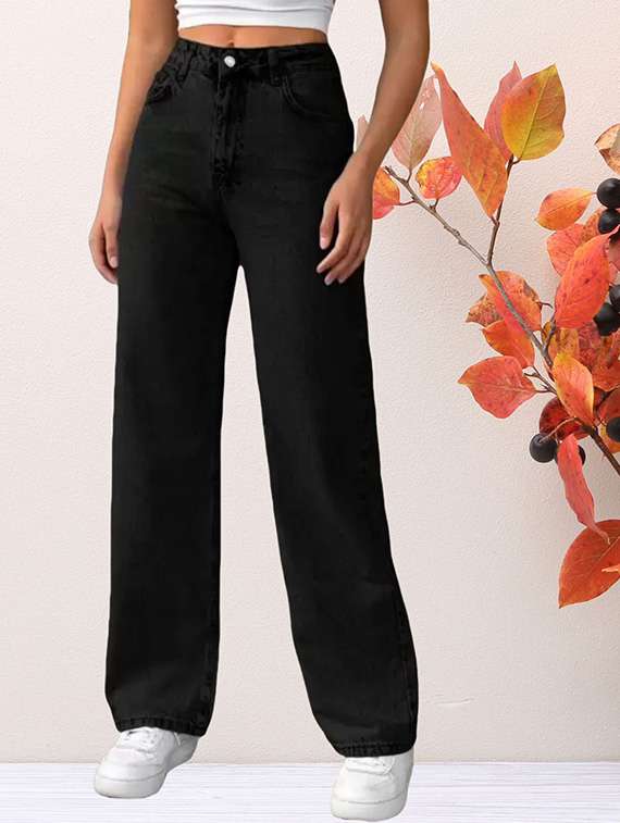 women solid mid rise straight fit jeans