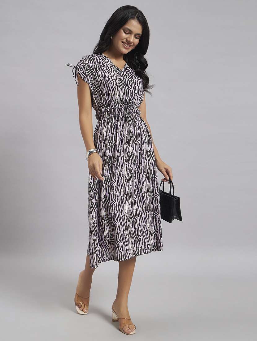 women printed v neck fit and flare dress