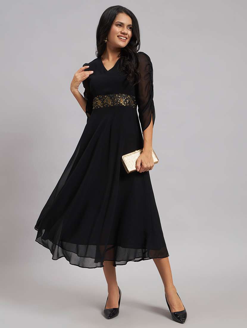 women embroidered v neck fit and flare dress