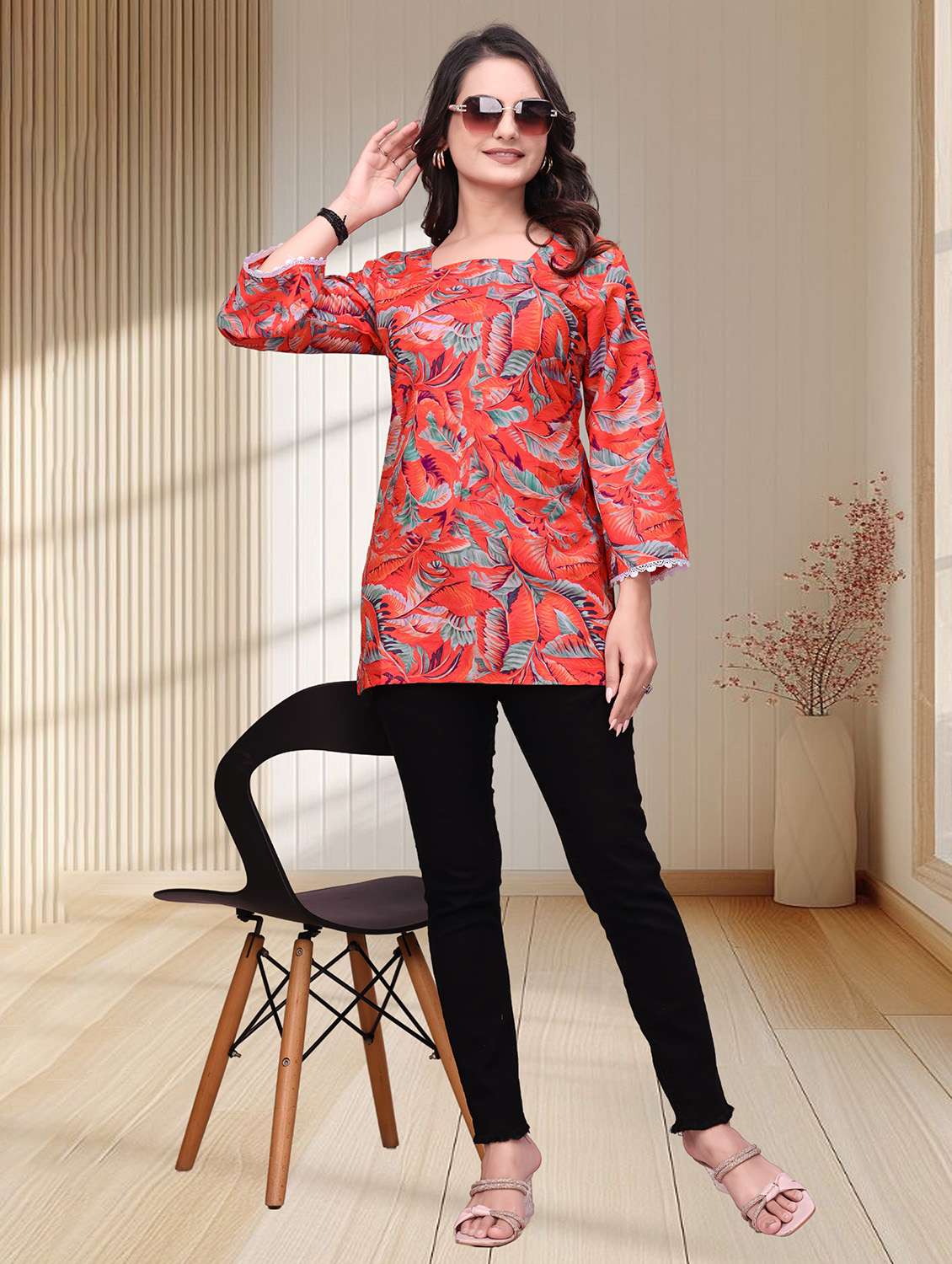 women printed three quarter sleeves straight kurti - 22528755 -  Standard Image - 2