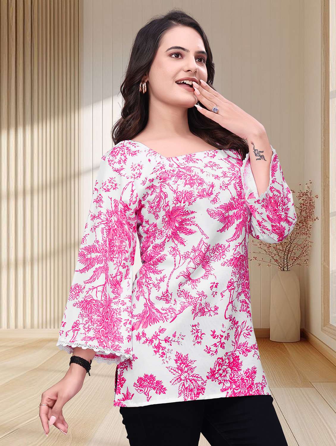 women printed three quarter sleeves straight kurti - 22528760 -  Standard Image - 2