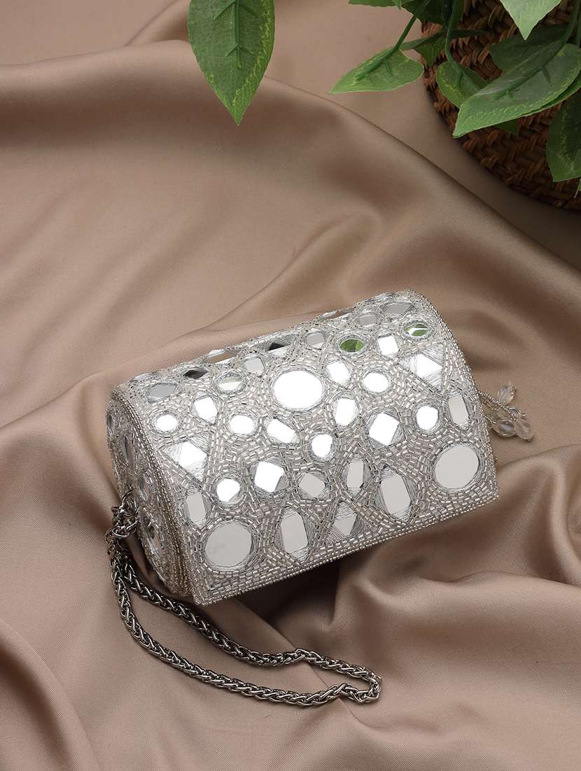 fold over silver embellished faux silk clutch