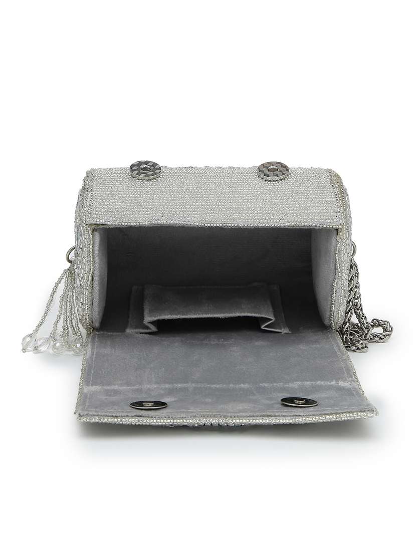 Fold Over Silver Embellished Faux Silk Clutch - 22528942 -  Standard Image - 2