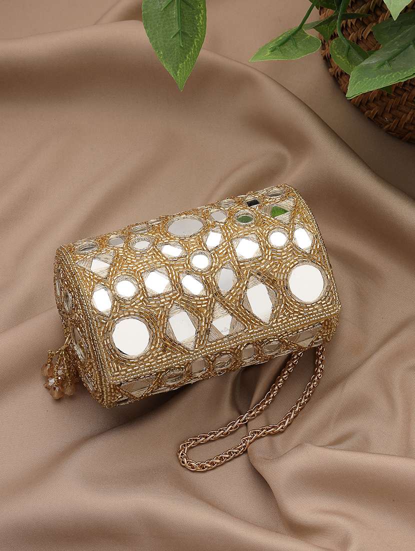 anekaant gold faux silk embellished clutch