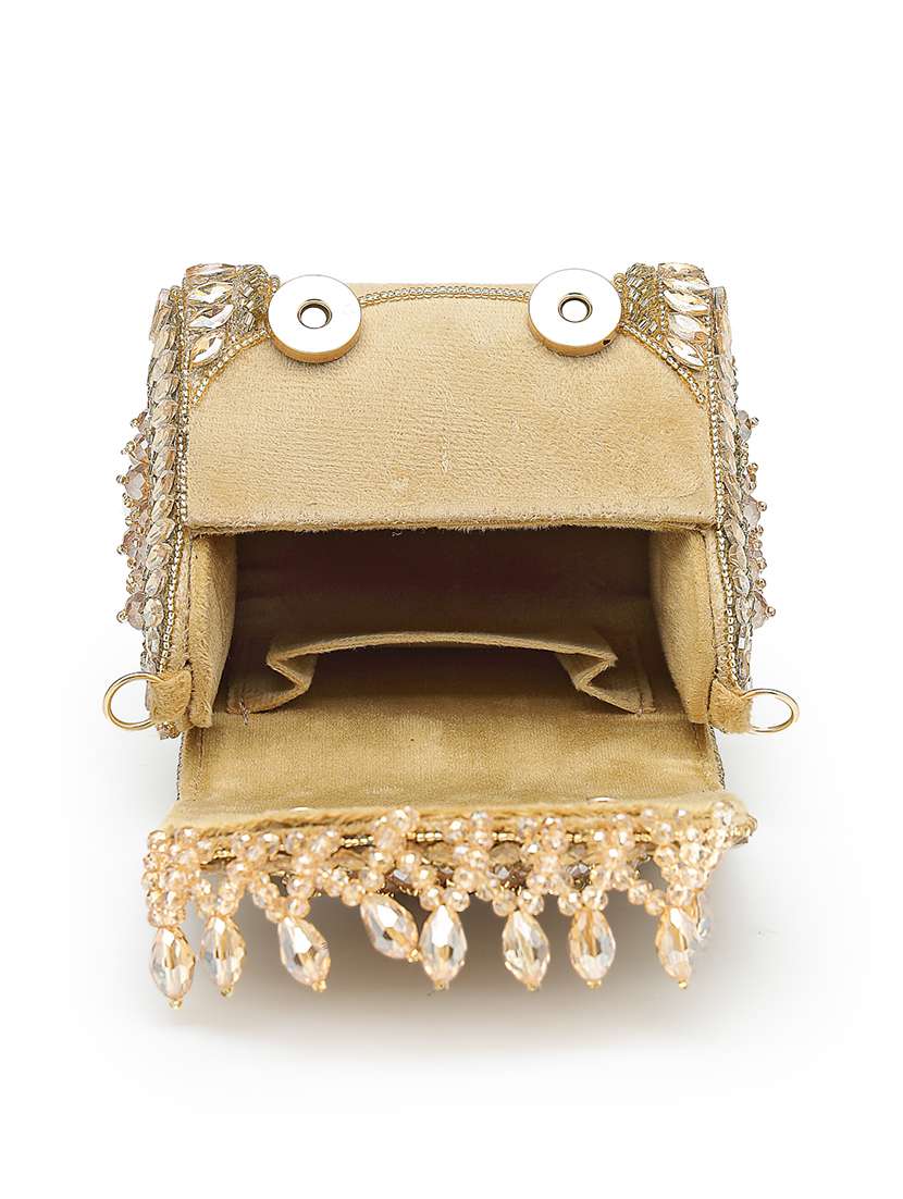 gold suede fold over embellished clutch with magnetic button closure - 22528945 -  Standard Image - 2